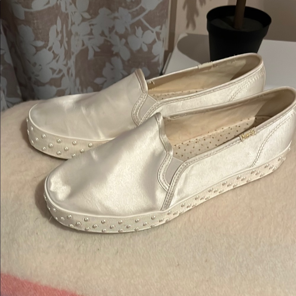 Keds Kate Spade new satin Elegant Cream Slip-On Women's Shoes with pearls